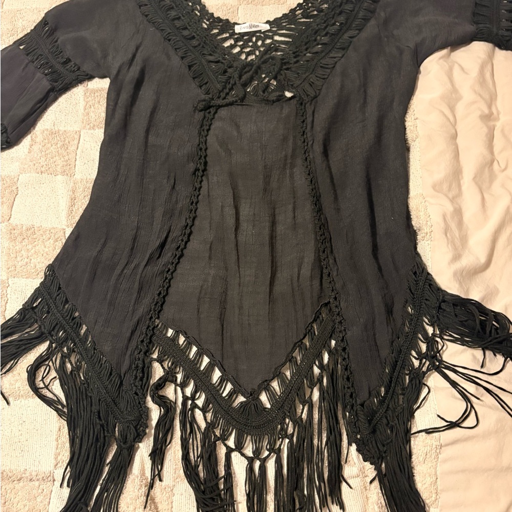Women's Black Fringe V-Neck Swimsuit Cover - Boho Crochet Detail